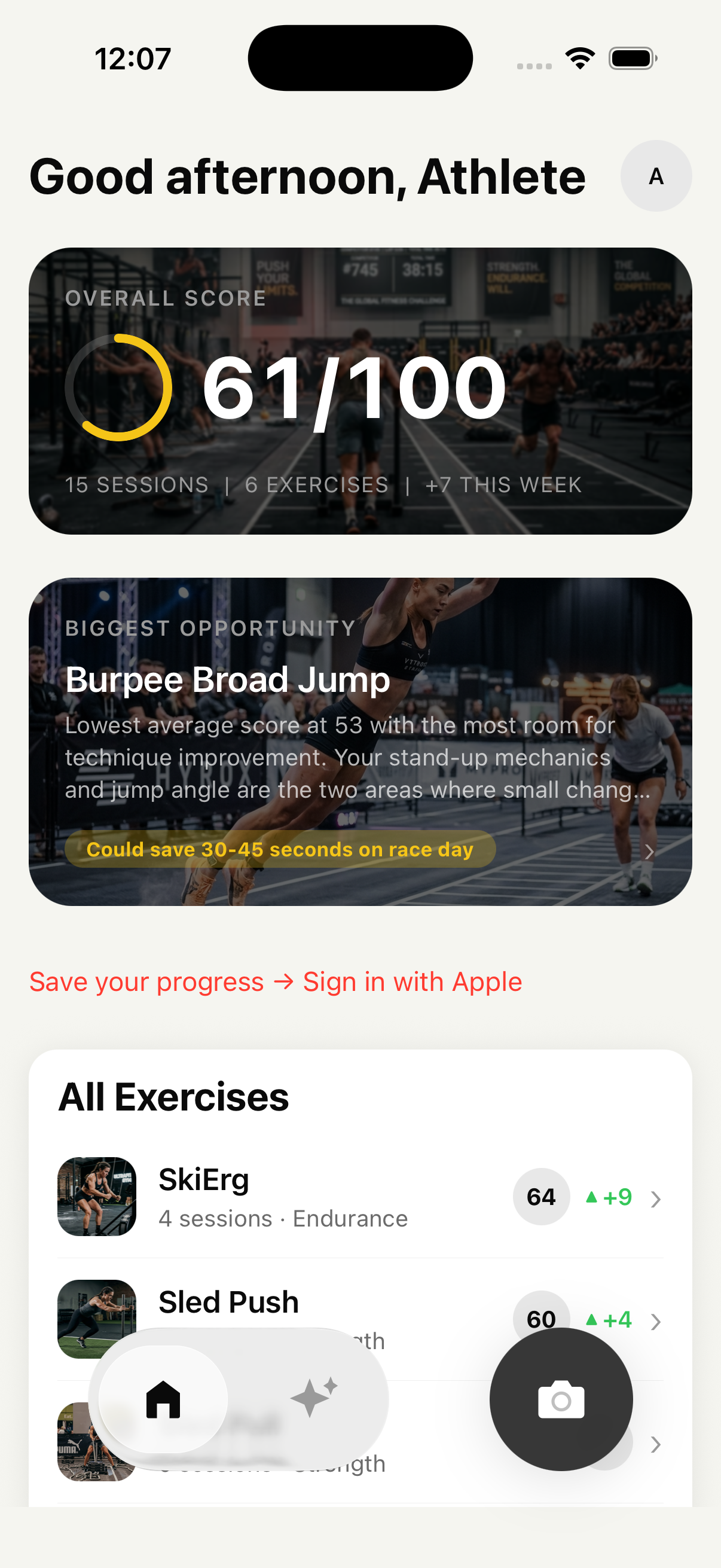 RoxSkills home screen showing overall score and exercise list